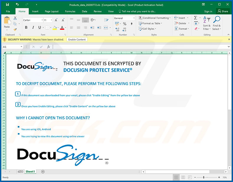 DocuSign-themed MS Excel document used to inject Cobalt Strike malware into the system