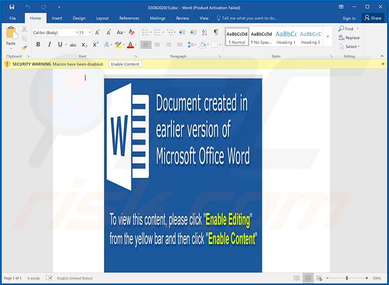 Malicious MS Word document designed to inject Agent Tesla