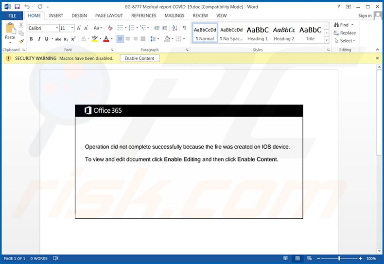Malicious MS Word document used to inject Emotet trojan into the system