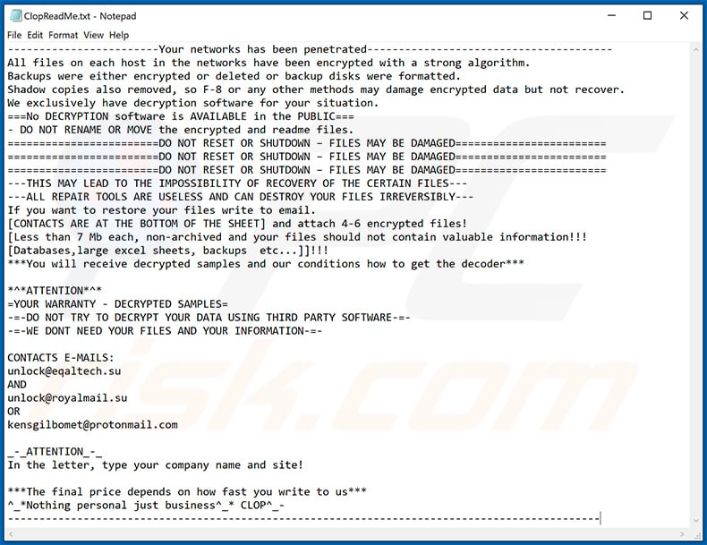 Clop ransomware ransom note (2020-11-27)