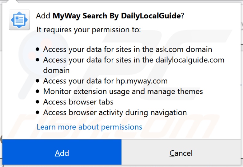 DailyLocalGuide browser hijacker asking for permissions (Firefox)