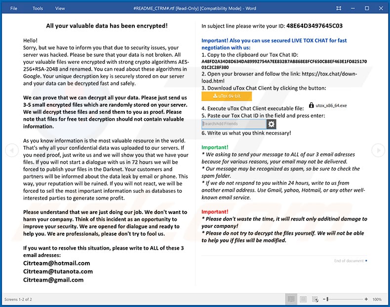 CTRM ransomware updated ransom note (#README_CTRM#.rtf)