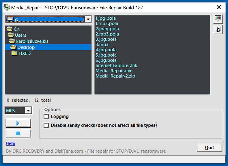 Media_Repair application by DiskTura restoring audio/video files encrypted by Stop/Djvu ransomware
