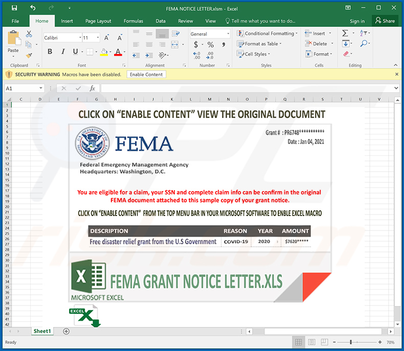 Malicious MS Excel document used to inject FormBook malware into the system