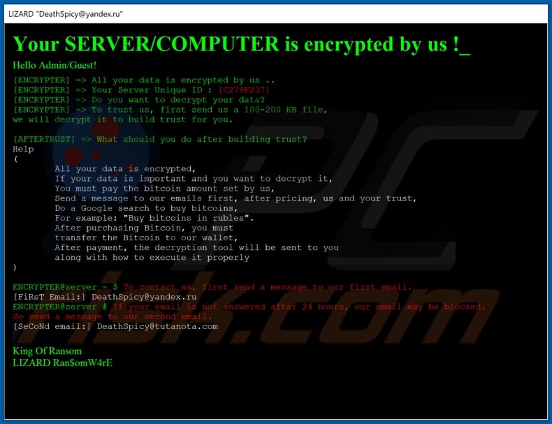 LIZARD ransomware ransom-demanding message (#ReadThis.HTA)