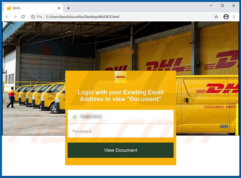 HTML file imitating DHL login site used for phishing purposes