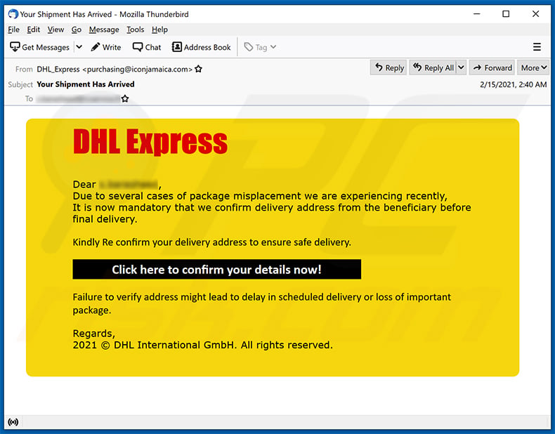 DHL Express spam email promoting a phishing site (2021-02-18)