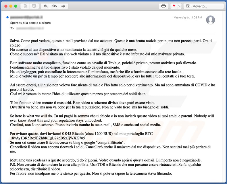 Italian variant of I Sent You An Email From Your Account email scam (2021-02-02)