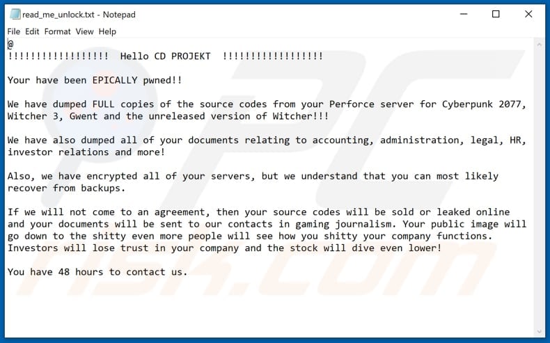 HelloKitty ransomware ransom note (read_me_unlock.txt)