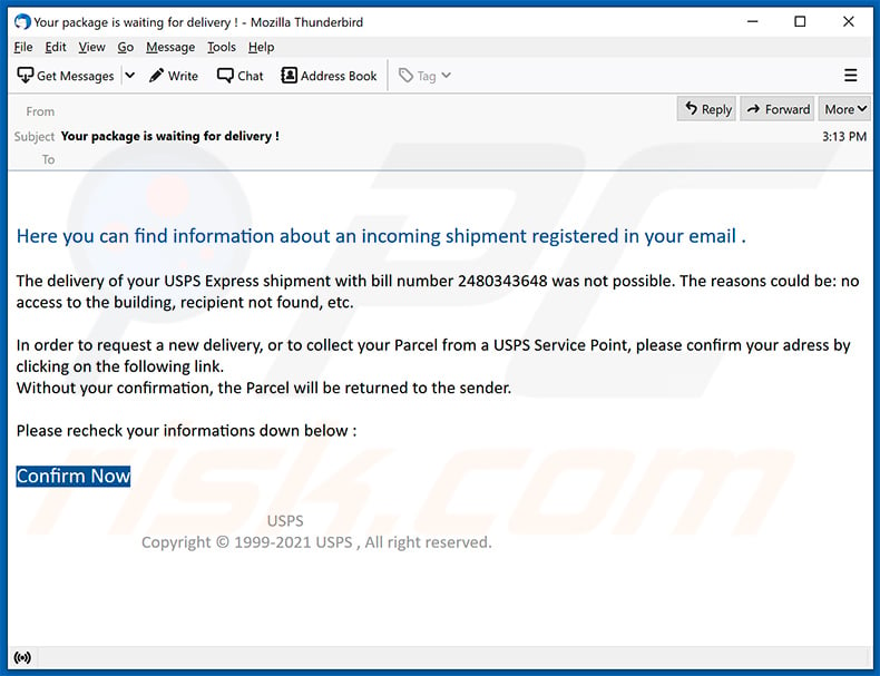 USPS-themed spam email used to promote a phishing website