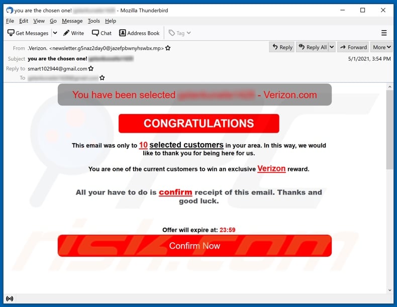 Verizon Reward scam promoting email