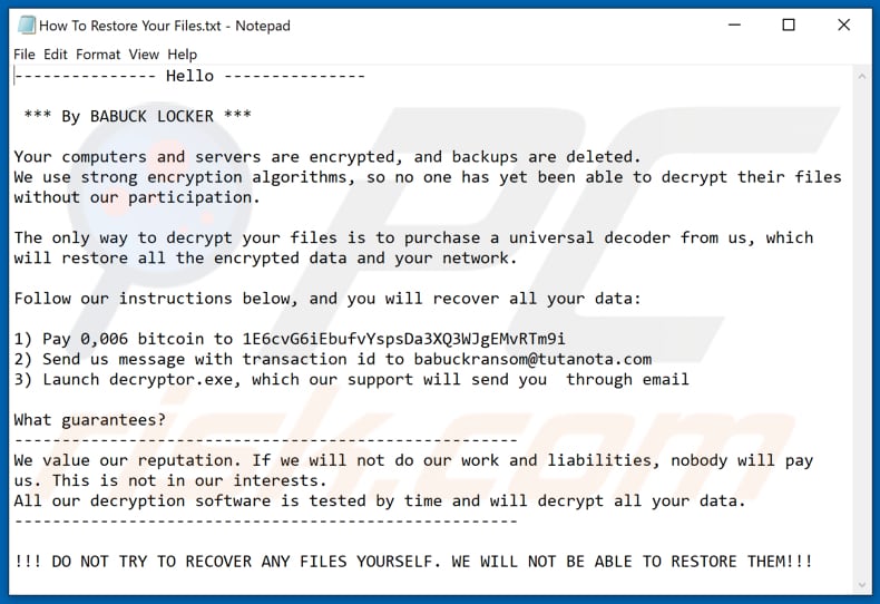 Babyk ransomware ransom note (How To Restore Your Files.txt)