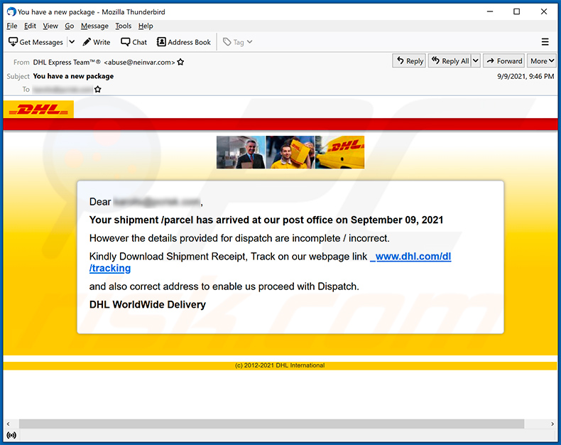 DHL Express-themed spam email promoting a phishing site (2021-09-10)