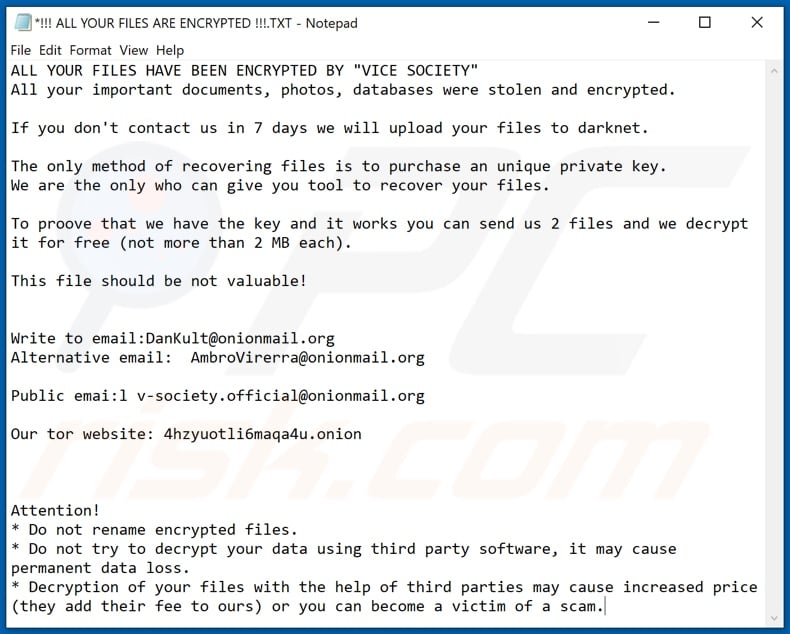 VICE SOCIETY decrypt instructions (!!! ALL YOUR FILES ARE ENCRYPTED !!!.TXT)