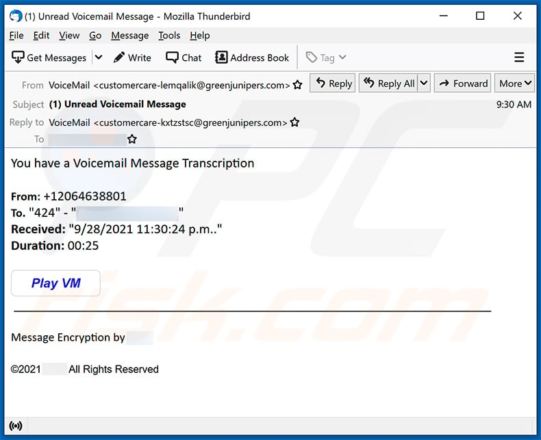 Voicemail-themed spam email promoting a phishing site (2021-09-29)