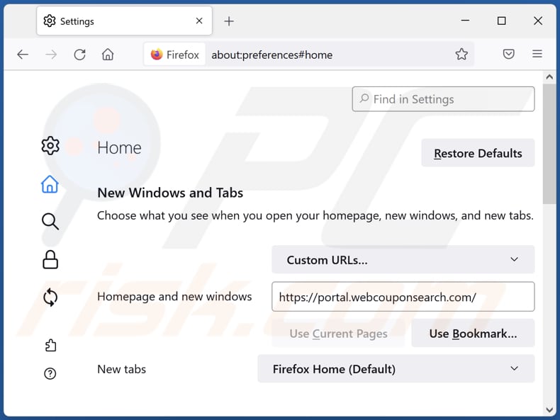 Removing webcouponsearch.com from Mozilla Firefox homepage