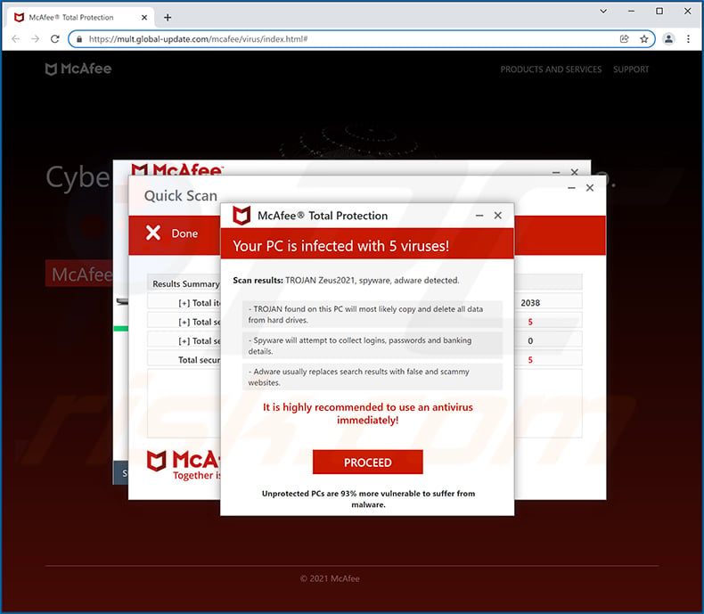 McAfee - Your PC is infected with 5 viruses! pop-up scam (2021-12-15)