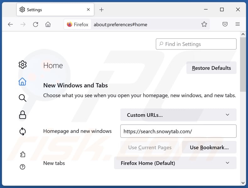 Removing search.snowytab.com from Mozilla Firefox homepage