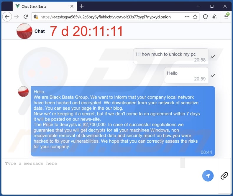 Black Basta ransomware Tor website chat
