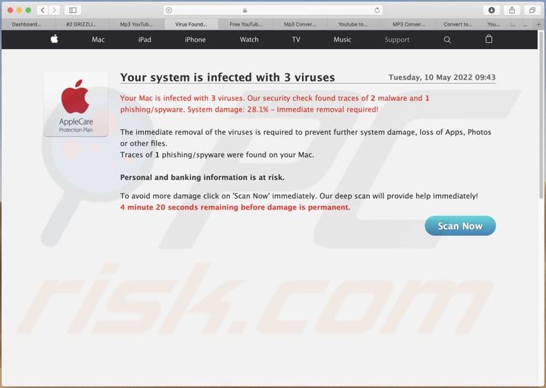 your system is infected with 3 viruses scam background page