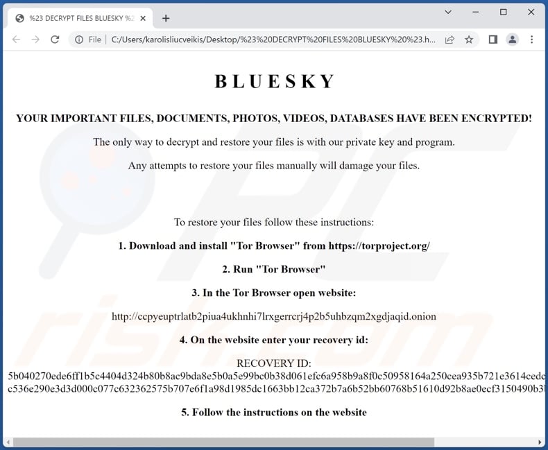 BlueSky ransomware ransom-demanding message (# DECRYPT FILES BLUESKY #.html)