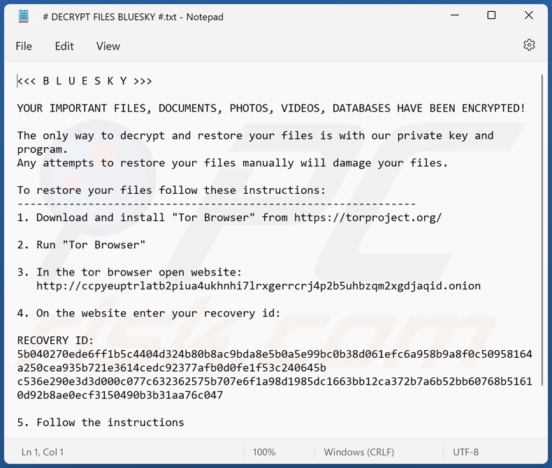 BlueSky ransomware text file (# DECRYPT FILES BLUESKY #.txt)