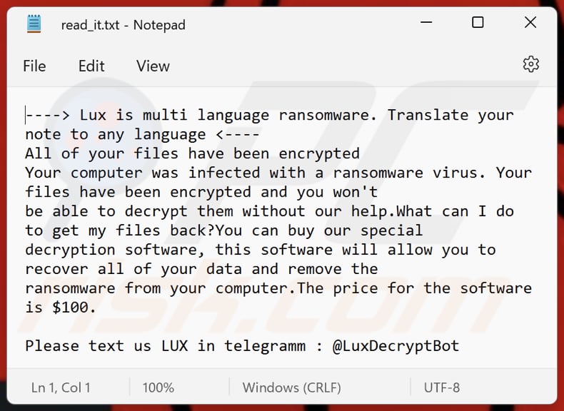 Lux ransomware text file (read_it.txt)