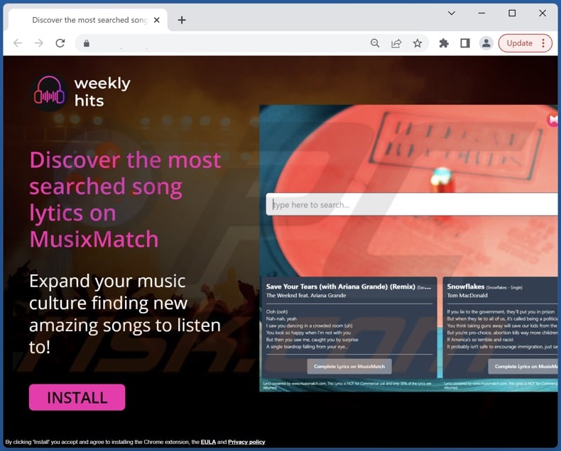Website used to promote Weekly Hits browser hijacker