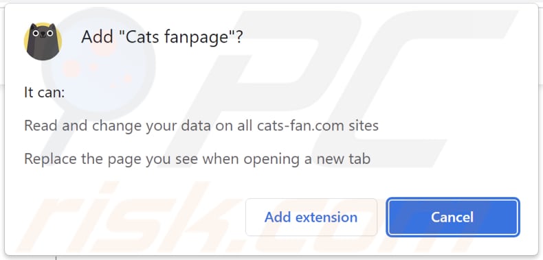 Cats fanpage browser hijacker asking for permissions