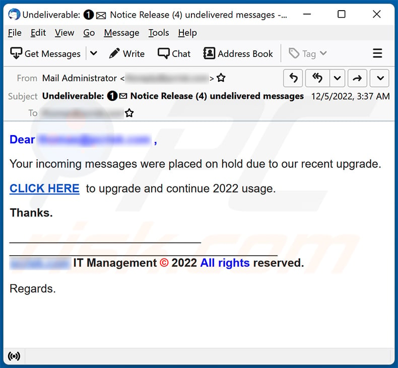 New Incoming Messages Placed On Hold spam email (2022-12-06)