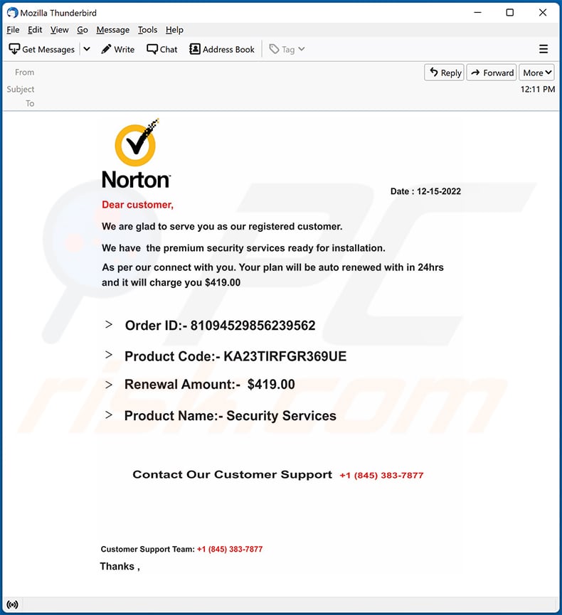Norton plan will be auto renewed with in 24hrs email scam
