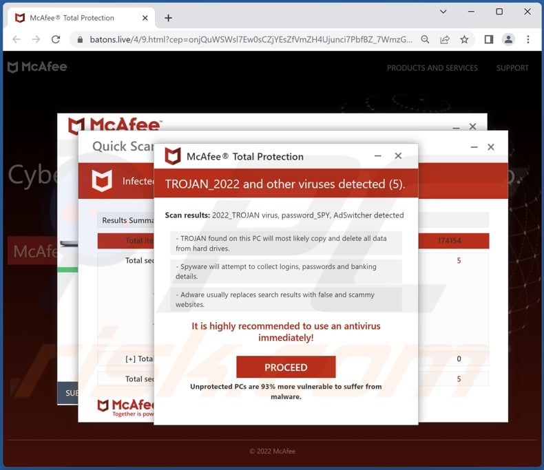 McAfee - TROJAN_2022 And Other Viruses Detected scam