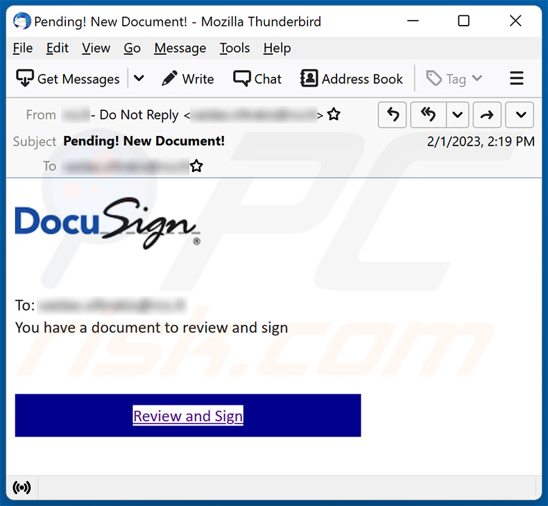 DocuSign-themed spam email used to promote a phishing site (2023-02-02)