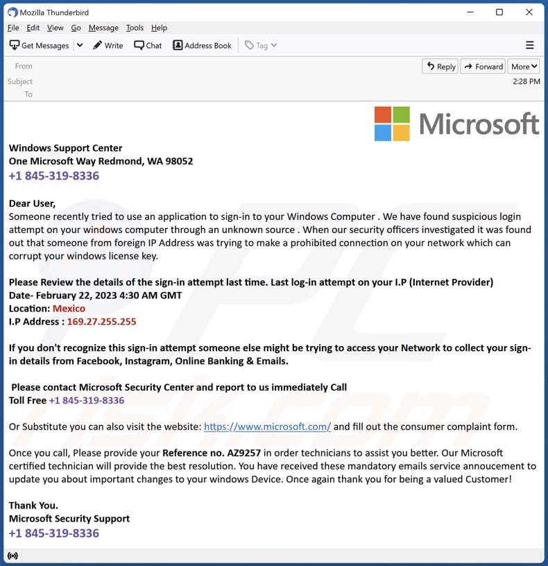 Suspicious Login Attempt On Your Windows Computer email spam campaign