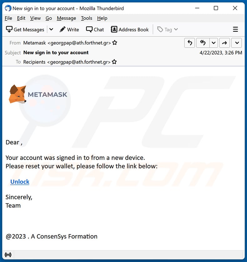 MetaMask-themed spam email (2023-04-25)