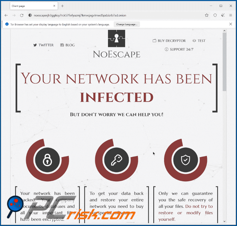 NoEscape ransomware Tor site appearance (GIF)