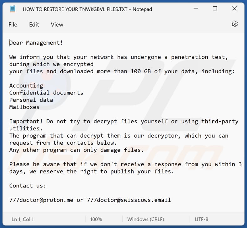 Tnwkgbvl ransomware text file (HOW TO RESTORE YOUR TNWKGBVL FILES.TXT)