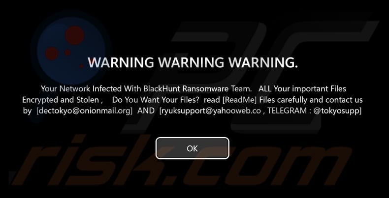 Black Hunt 2.0 ransomware screen before login