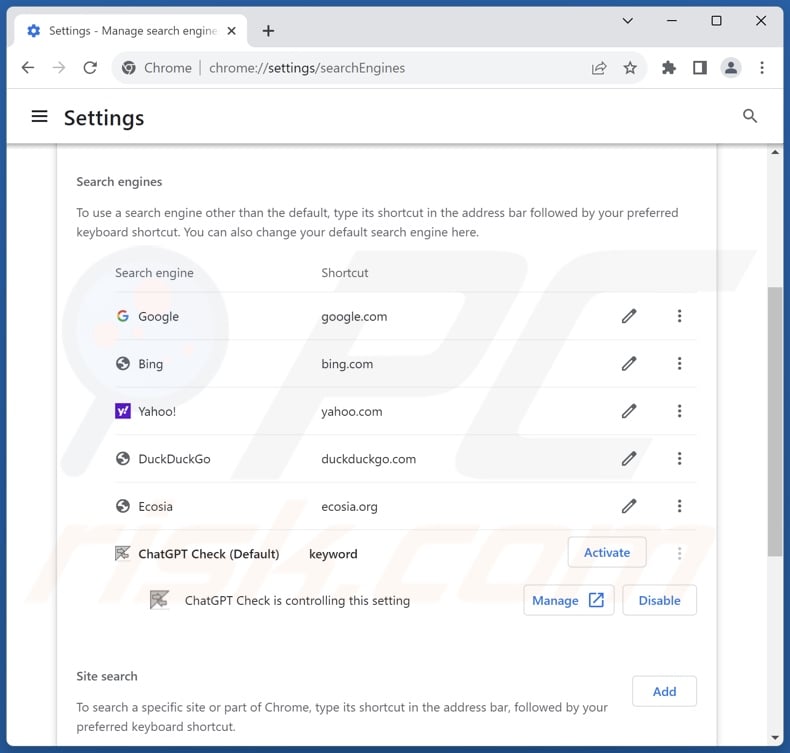 Removing chatcheckext.com from Google Chrome default search engine