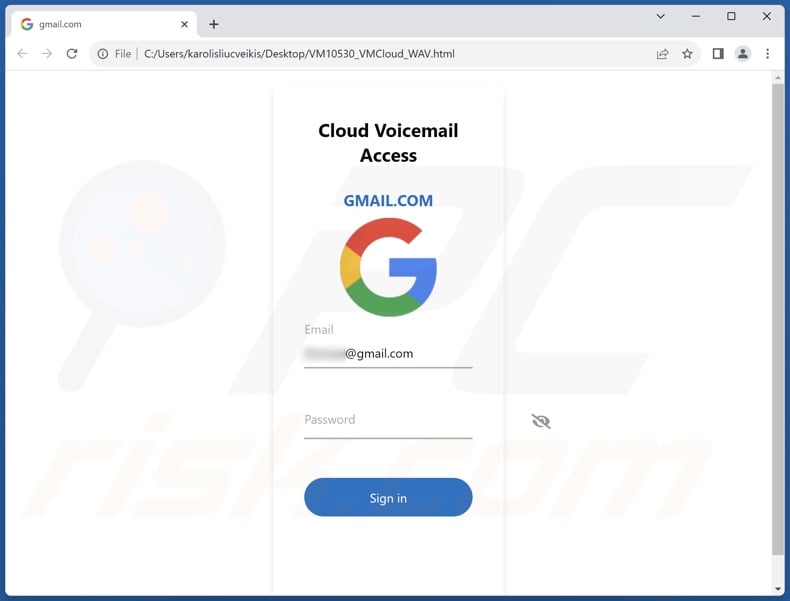 Cloud Voicemail scam email promoted phishing file (VM10530_VMCloud_WAV.html)
