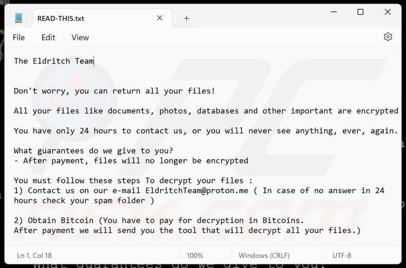 Eldritch ransomware ransom note (READ-THIS.txt)