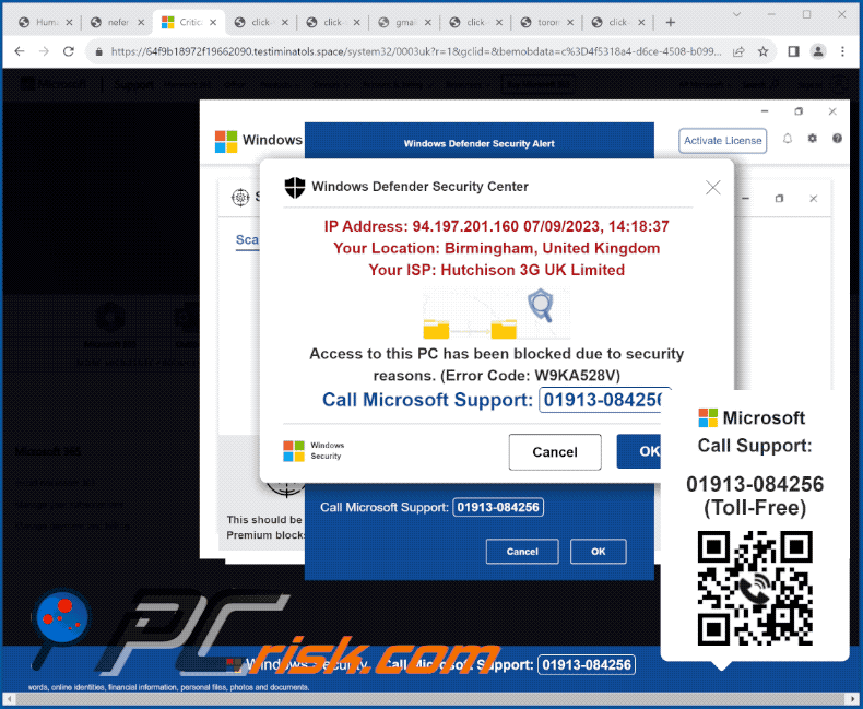 Appearance of Error Code: W9KA528V scam (GIF)