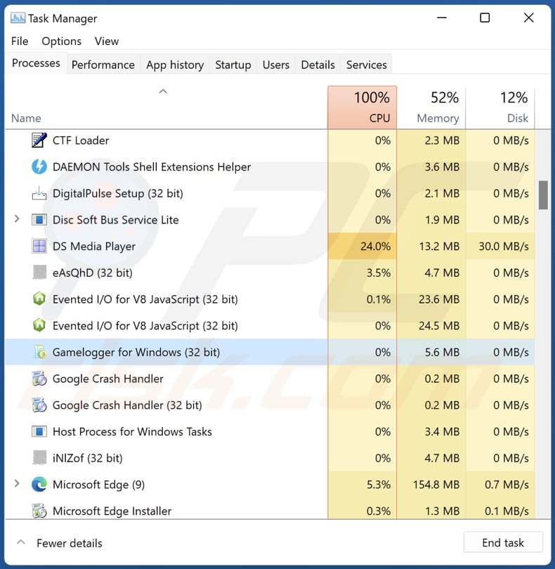 Gamelogger for Windows running in the Task Manager