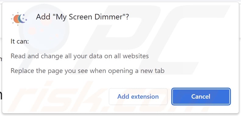 My Screen Dimmer browser hijacker asking for permissions