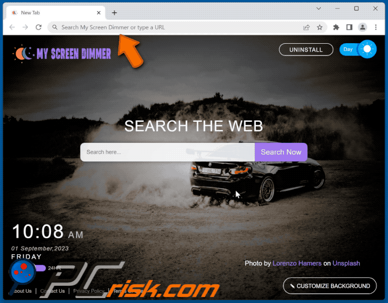 My Screen Dimmer browser hijacker redirecting to Bing (GIF)