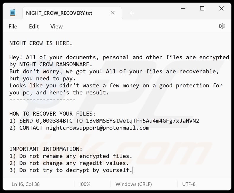 NIGHT CROW ransomware ransom note (NIGHT_CROW_RECOVERY.txt)