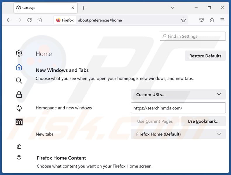 Removing searchinmda.com from Mozilla Firefox homepage