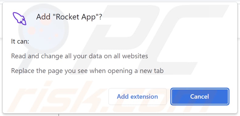 Rocket App browser hijacker asking for permissions