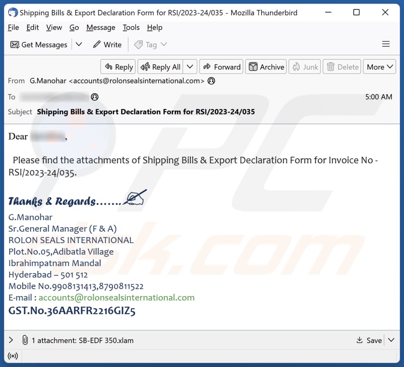 Shipping Bills & Export Declaration Form malware-spreading email spam campaign