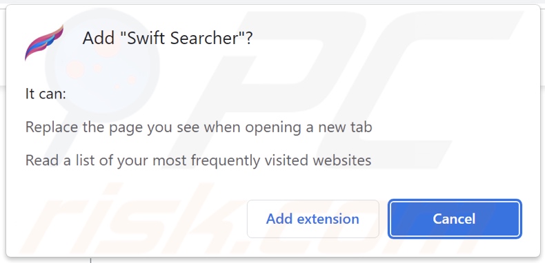 Swift Searcher browser hijacker asking for permissions